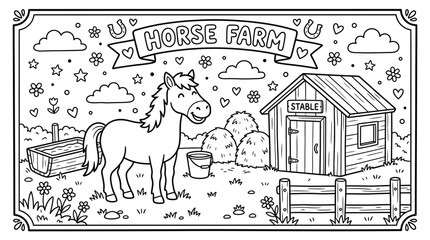 Charming line art of a horse farm with barn and fence. © pixmastock