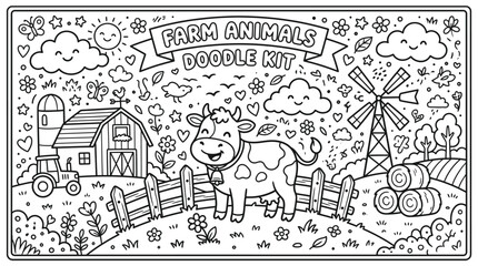 Whimsical Farm Animals Doodle Scene with Barn and Windmill. © pixmastock