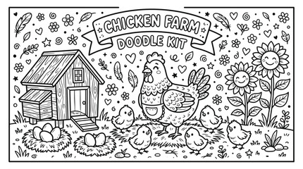 Whimsical Farm Doodle Scene with Chickens, Coop and Sunflowers in a Busy Rural Barnyard. © pixmastock