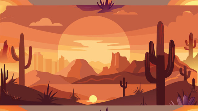 Abstract desert sunset landscape with saguaro cacti and distant mountain range landscape mountains wilderness outdoors southwest silhouette tranquil background environment national american