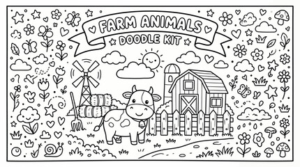 Fototapeta premium Whimsical Farm Scene with Animals, Barn, and Garden Doodle Illustration.