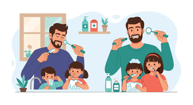 Family members including two fathers and three young children practicing good hygiene by brushing their teeth in a modern bathroom setting.