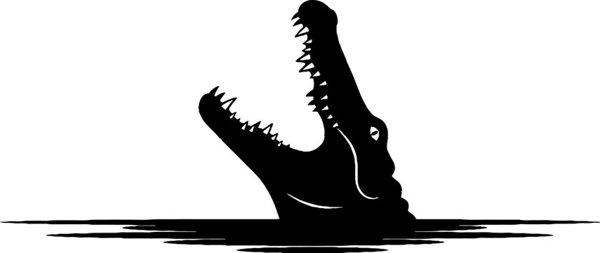 Silhouette of a crocodile with open mouth emerging from water.