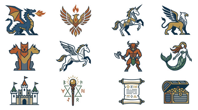 Mythical Creatures and Fantasy Icons Collection: Dragon, Phoenix, Unicorn, Griffin, Mermaid