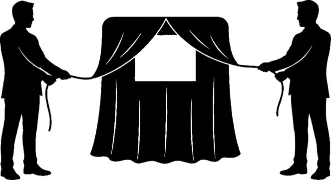 Two men unveiling a curtain to reveal a blank sign.