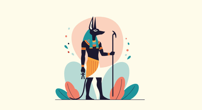 Stylized depiction of the ancient Egyptian deity Anubis with a jackal head holding a traditional staff and ankh symbol for history and culture.