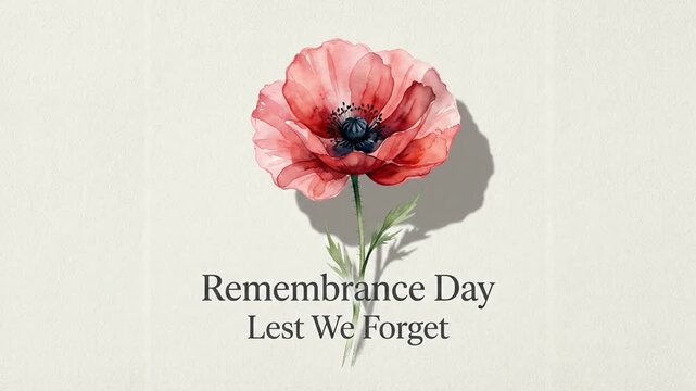 Remembrance Day Watercolor Poppy Illustration with Lest We Forget Text
