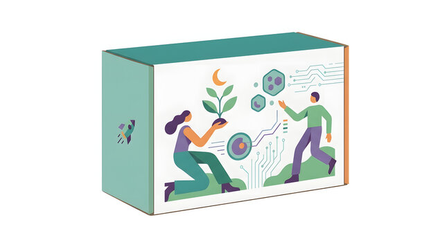 Eco-friendly subscription box with sustainable brand illustration, corporate gift packaging design for environment and science startups