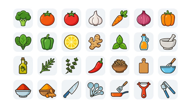 Colorful Cooking Ingredients and Kitchen Tools Icon Set for Culinary Projects.