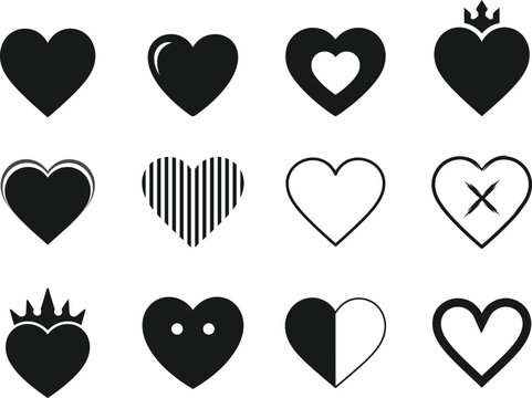 Vector illustration silhouette of various heart shapes and symbols