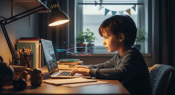 Little kid concentrated on digital web development script sitting at desk