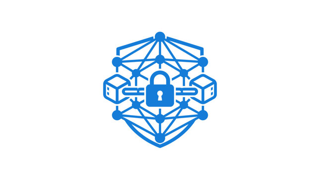 Abstract secure network with lock icon and blocks.
