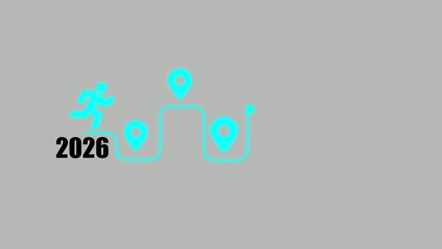 Light blue silhouette of a running person with map location pins and a path leading forward on a gray Generate title without using the word "Title:" before it. background with 2026 text