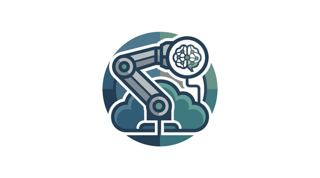 Robotic arm examining a brain icon with cloud background