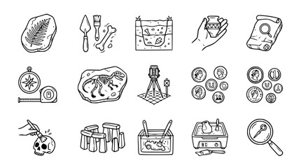Archaeology Icons: Digging, Fossils, Artifacts, Tools & Discovery - Hand Drawn Set © Susu