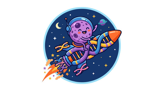 Smiling purple cartoon astronaut flying rocket.