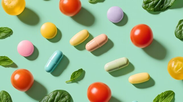 Colorful vitamin pills and fresh vegetables on mint background. Supplements, nutrition, and healthy lifestyle concept. Flat lay, top view. 