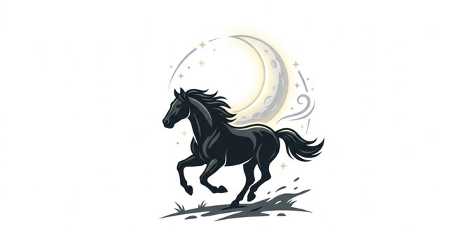 majestic black stallion running under the crescent moon