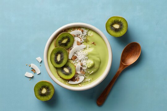 White bowl with thick green smoothie topped with kiwi and coconut on blue background. Breakfast, superfoods, healthy eating. Flat lay