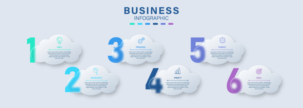 Modern business infographic template featuring six cloud-shaped steps with icons and numbered elements. Clean minimal design with gradient accents.