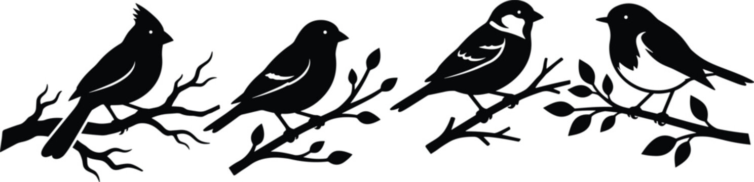 Songbird Silhouette Set with Cardinal Sparrow Robin and Finch Perched on Tree Branches for Spring Nature Wildlife and Home Decor Graphic Designs