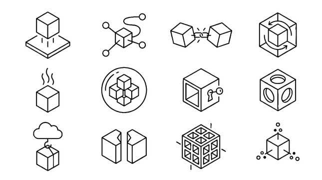 Set of isometric cube icons representing blockchain technology and data processing concepts.