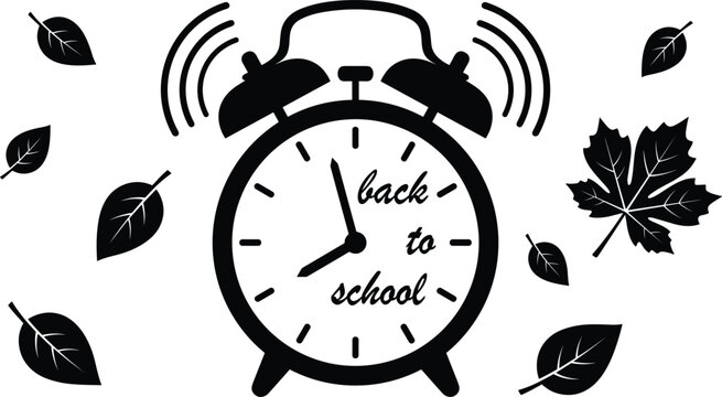 Back to school ringing alarm clock silhouette illustration featuring autumn maple leaves season typography design