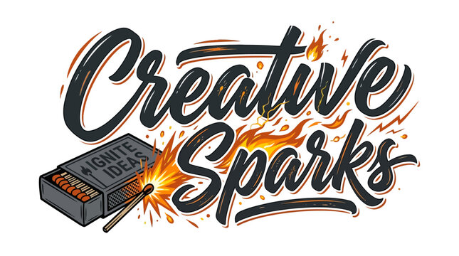 Creative Sparks typography design with a flaming matchbox illustration.