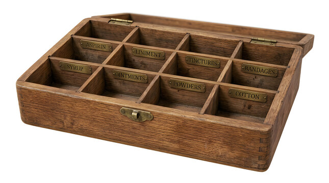 Vintage Open brown wooden storage box with twelve empty square compartments for organization isolated on white background