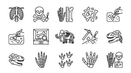 Paleontology Icon Set: Fossils, Dinosaur Skulls, Mammoths, Bones, Excavation Tools © Susu