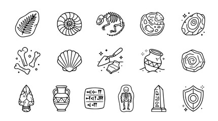 Archaeology Icons Set: Fossils, Bones, Pottery, Tools, Skeleton, Arrowhead, Tablet © Susu