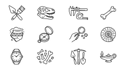 Archeology Icons: Dinosaur Skull, Fossils, Tools, Compass, Watch, Lamp © Susu
