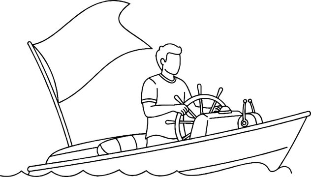 Man steering a small boat with a flag on water.
