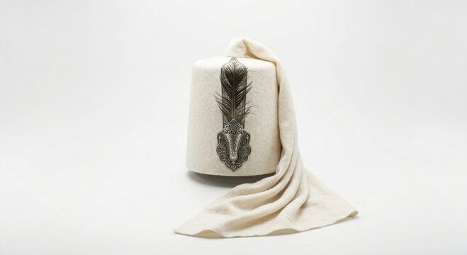 Elegant White Fez with Silver Feather Ornament
