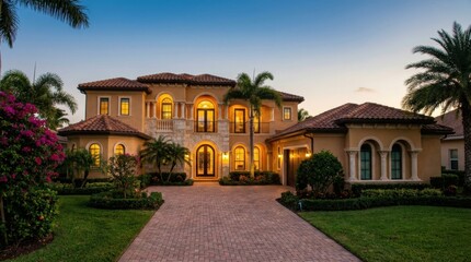 Fototapeta premium Luxurious Mediterranean Mansion at Dusk - A Grand Estate with Palm Trees and Lush Gardens.