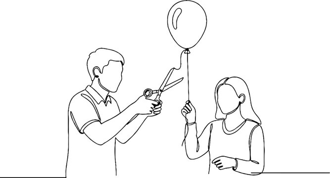 Man cutting balloon string with scissors near woman.