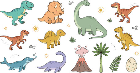 Cute Dinosaur Characters Collection Featuring T Rex Triceratops Brachiosaurus Velociraptor Spinosaurus and Prehistoric Cartoon Illustrations © Bokul