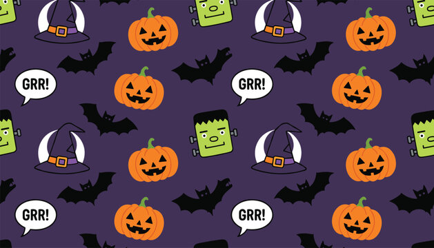 Seamless Halloween pattern with spooky pumpkins, flying bats, purple witch hats, Frankenstein faces, and GRR speech bubbles.