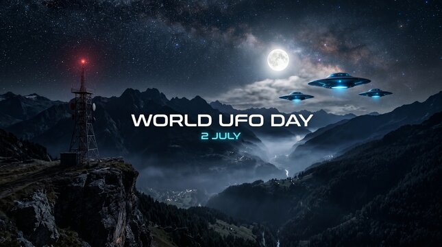 Three ufos with beams of light on world ufo day