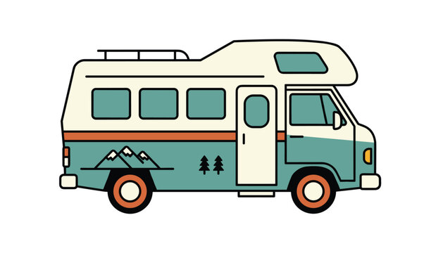 Stylish vintage camper van in teal and cream colors decorated with mountain and pine tree decals for outdoor adventures.