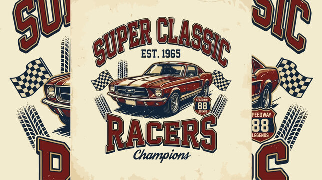 Vintage Athletic Seventy-Nine Super Classic Racing Car Varsity Graphic Illustration Retro Automotive Speed Tournament Emblem Design with Bold Typography and Sporty Aesthetic Concept