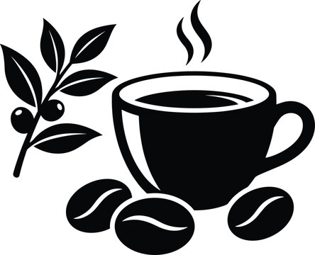 Coffee cup vector emblem illustration featuring hot steaming mug roasted beans and botanical branch leaves