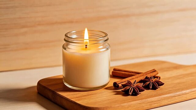 Candle with spices on wooden board