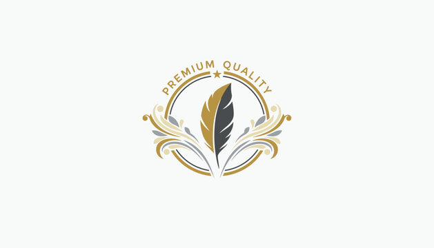 Elegant logo design for premium quality products featuring a bicolored feather inside a circular frame with ornate decorative flourishes.