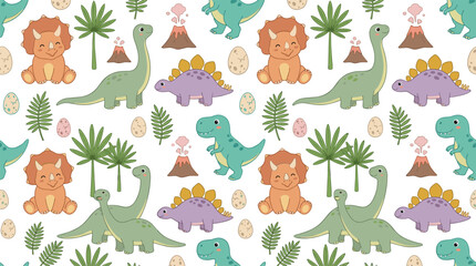Cute Dinosaur Seamless Pattern Featuring Triceratops Brachiosaurus Stegosaurus T Rex Eggs Volcanoes and Prehistoric Cartoon Illustrations © Bokul