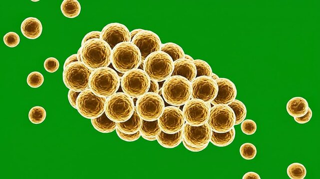 3D CGI Rendering Of Staphylococcus Bacteria Clusters On Vibrant Green Background For Medical Education And Healthcare Applications