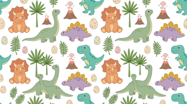 Cute Dinosaur Seamless Pattern Featuring Triceratops Brachiosaurus Stegosaurus T Rex Eggs Volcanoes and Prehistoric Cartoon Illustrations