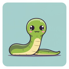 Fototapeta premium Cute green snake cartoon character with big eyes on blue background