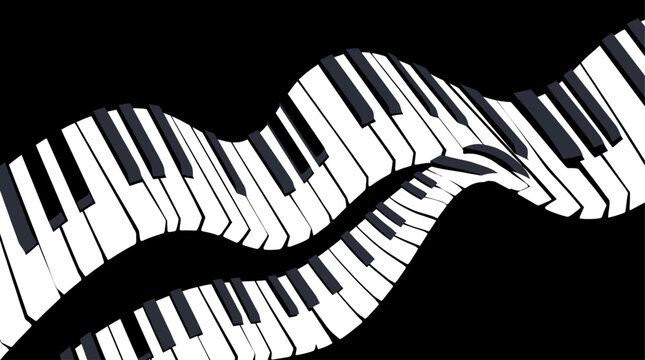 Abstract artistic illustration featuring flowing wavy ivory and ebony piano keys on a solid black background, representing musical rhythm, harmony, and creative jazz composition.