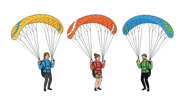 Three people preparing to paraglide, showcasing colorful parachutes and adventure sports.